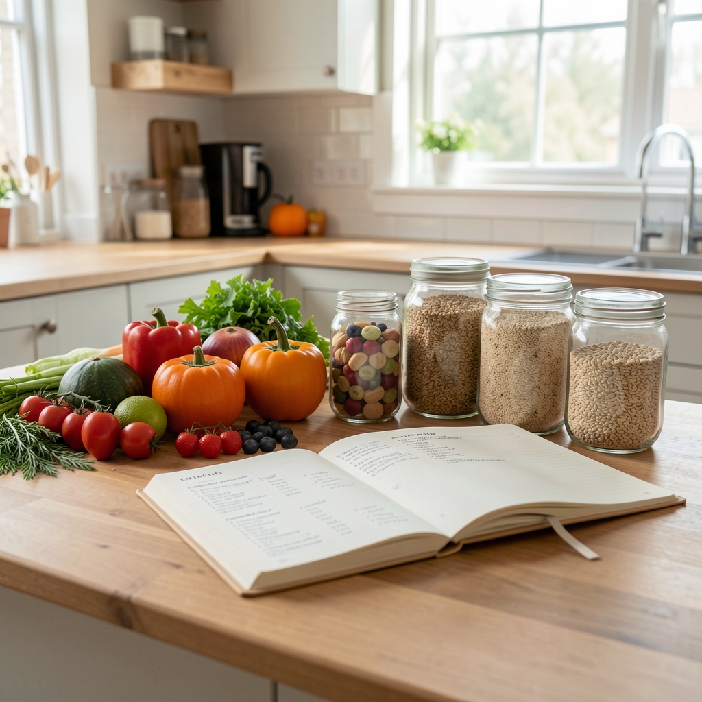 A wide view of a kitchen worktop with seasonal produce, whole grains in glass jars, and an open recipe notebook